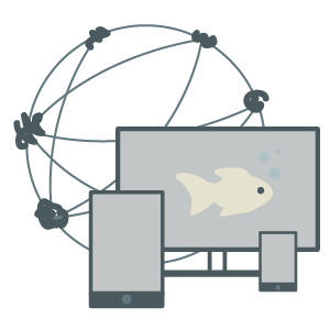 Illustration eines Fischs in einem Bildschirm, davor stehend ein Smartphone und ein Tablet
