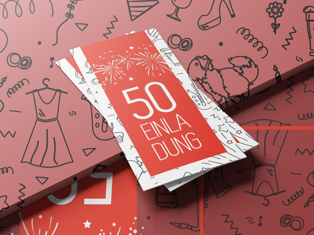 Einladungskarte für einen 50. Geburtstag mit verschiedenen Illustrationen